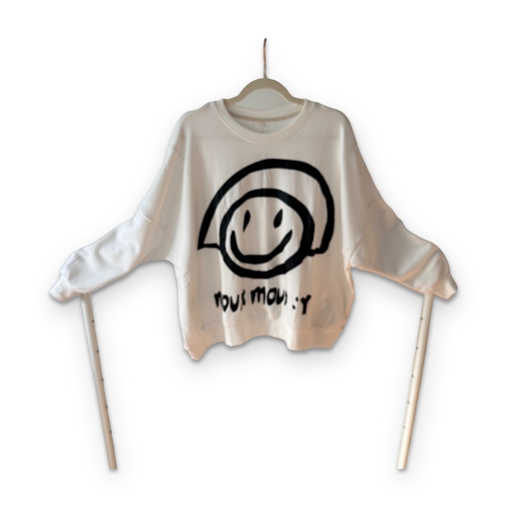 New YESNO Baggy Oversized Sweatshirt Small White Black Smiley Face MOUX MOUX NWT